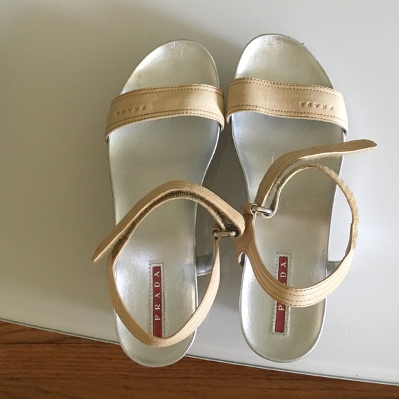 Prada Tan and Silver Wedge Sandals - Picture 5 of 8